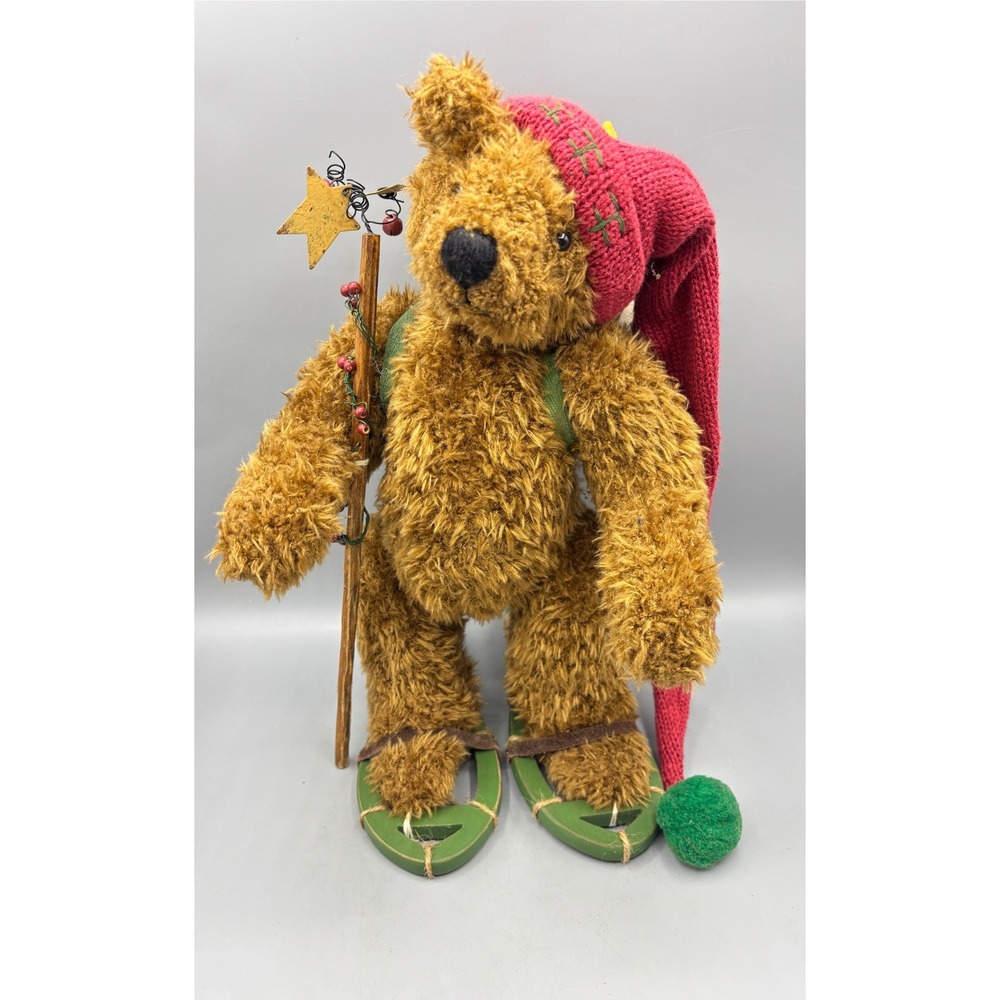 Vtg 2001 Tender Heart Treasures Christmas Teddy Bear Snowshoes Basket Rustic